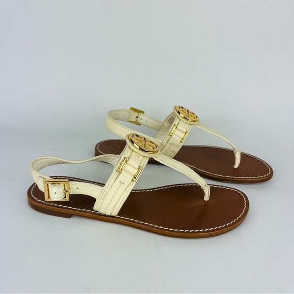 Tory Burch White Patent Leather Flat Sandals With Gold Hardware - Picture 5 of 9